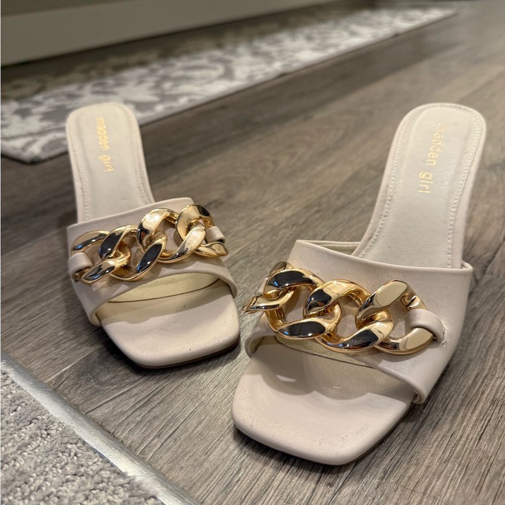Madden Girl Cream Mules with Gold Chain